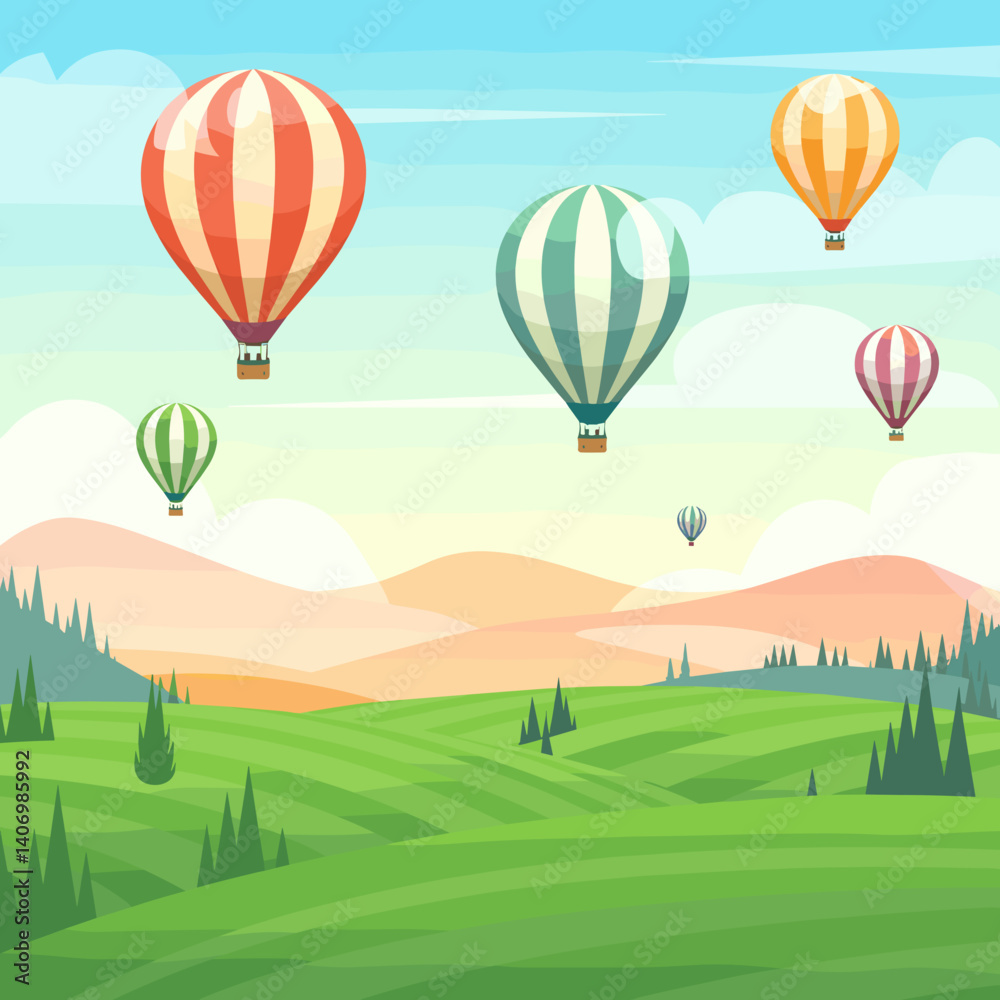 Obraz premium Colorful Hot Air Balloons Over Green Hills