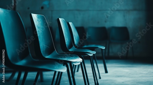 Row of modern chairs in moody institutional waiting room