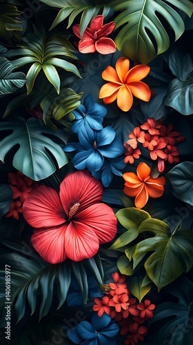 Tropical Floral Phone Wallpaper    Vibrant Flowers & Lush Green Leaves on Dark Background | Exotic Mobile Aesthetic

