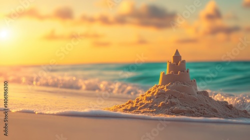 A detailed sandcastle is built on a sandy beach as waves gently wash ashore during a vibrant sunset, creating a tranquil atmosphere