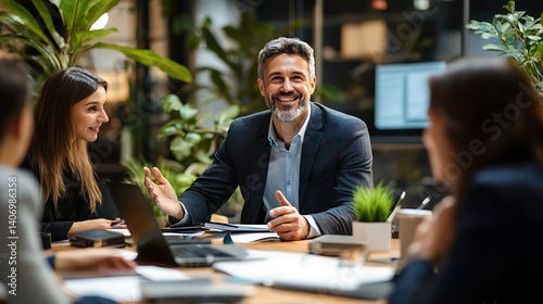 businessman leading office discussion about solar panels and renewable energy with team or clients highlighting solar technology benefits sustainability and business strategy