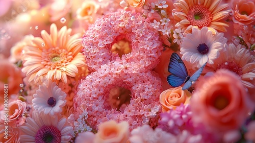 A flower arrangement with a butterfly and the number 8 in pink