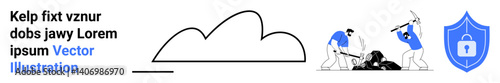 Cloud icon linked with two workers fixing technology issues and a shield with lock for security. Ideal for cybersecurity, teamwork, maintenance, cloud computing, technology, protection, simple