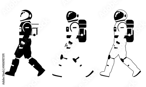Vector of three astronauts in white, black spacesuit isolated on transparent background walking across the frame