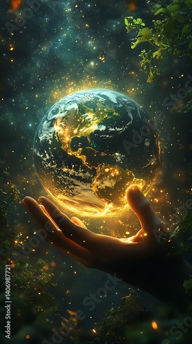 Earth in Hand Phone Wallpaper  Glowing Planet with Starry Forest & Vibrant Foliage | Nature Protection Mobile Background

