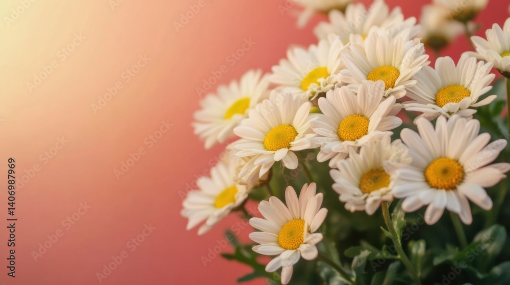 Fototapeta premium A cluster of white daisies with yellow centers stands out vividly against a soft, warm background, capturing the essence of springtime beauty