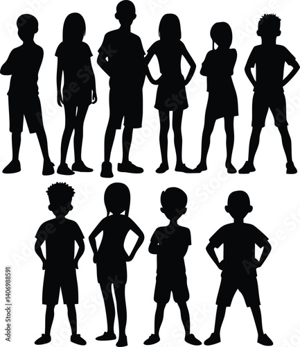 Kids Standing Silhouettes Vector Ilustration
