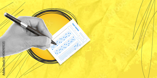 Pass the exam, write the exam. Hand with a pen near the exam paper on a yellow background, copy space. Modern design, modern art collage. fashionable style