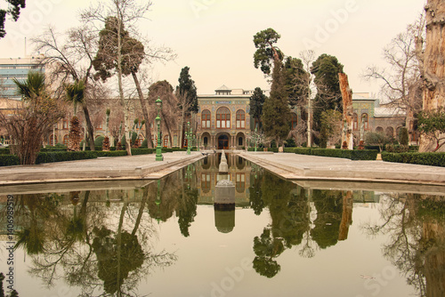 architecture reflection in water, Golestan Palace landscape, Palace reflection in water, Landscape view of Golestan Palace, Persian garden with palace reflection, Historical architecture