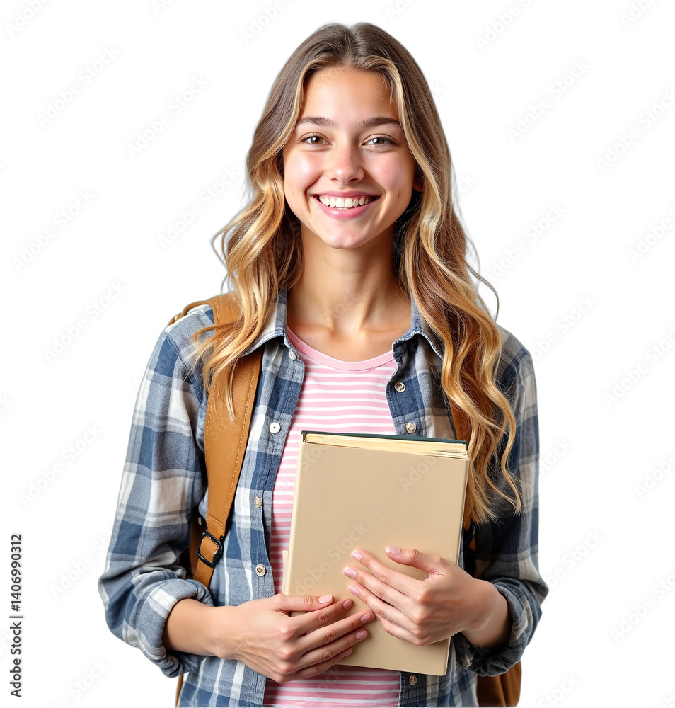 Smiling female teen student with books and a backpack isolated on transparent background. Perfect for back-to-school, education, or campus life designs. Bright, cheerful mood. Smiling female teen student with books and a backpack isolated on transparent background. Perfect for back-to-school, education, or campus life designs. Bright, cheerful mood.