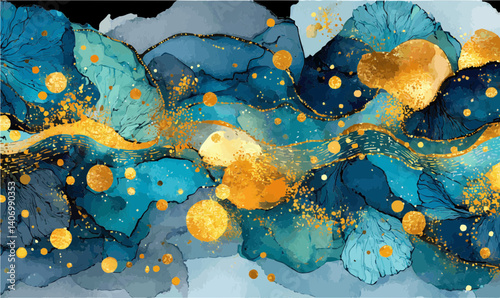 Golden Flow in Blue Waves Background or Wallpaper
