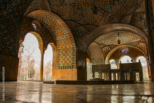 Persian architecture, Historical arches with intricate tilework​, Traditional Iranian design elements, Persian architectural details in Golestan Palace, Golestan Palace, Iran, Persia