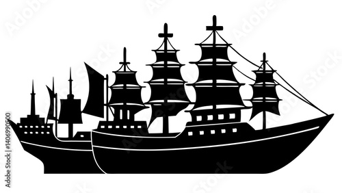 Silhouette of an Old Sailing Warship with Multiple Masts and Flags