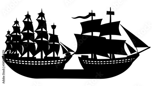 Silhouette of an Old Sailing Warship with Multiple Masts and Flags