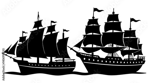 Silhouette of an Old Sailing Warship with Multiple Masts and Flags