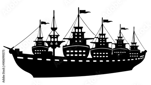 Silhouette of an Old Sailing Warship with Multiple Masts and Flags