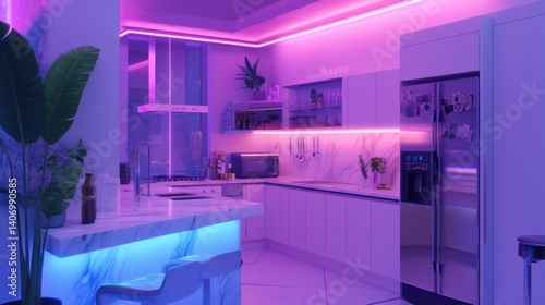 Kitchen interior with neon lighting and plants in a modern style for an online listing