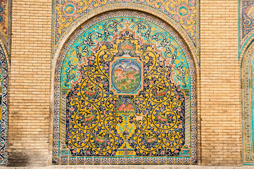 mosaic facade, decorative arch design, Persian tile arch, Colorful arches of Golestan Palace​, Mosaic patterns facade, Traditional Iranian arch design, Historical arch designs of Iran
