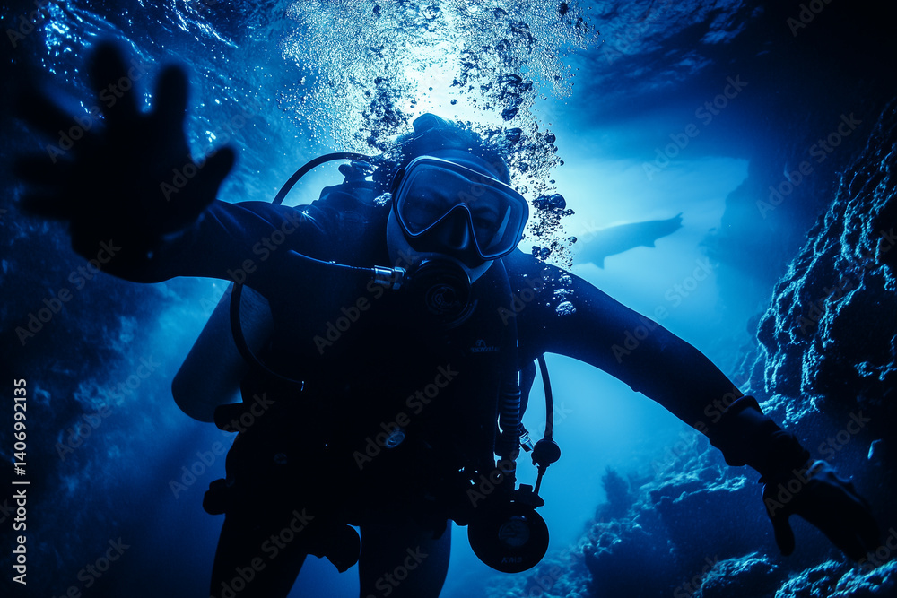 Deep sea diver encounters difficulty underwater with broken equipment during exploration in a dark ocean cave Deep sea diver encounters difficulty underwater with broken equipment during exploration in a dark ocean cave