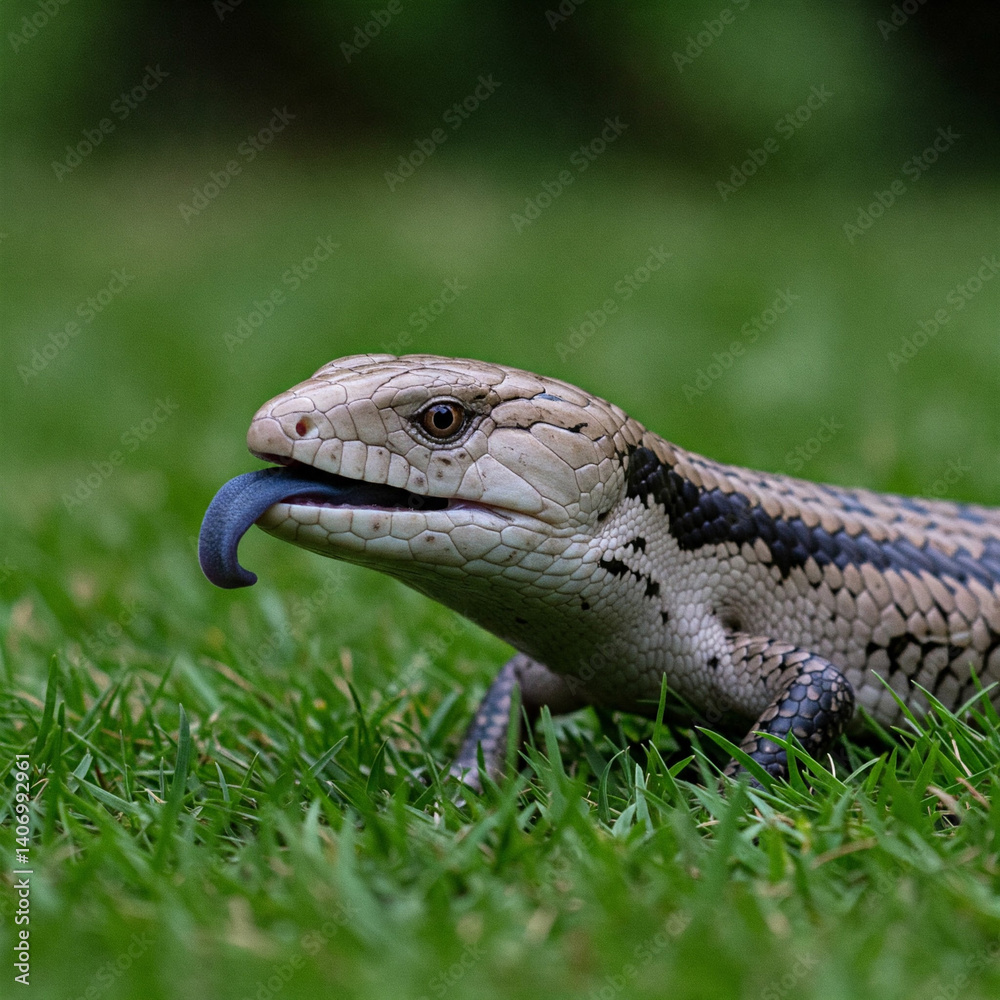 Obraz premium Did you know? The Blue-Tongued Skink sticks out its bright blue tongue to scare off predators! This reptile’s unusual defense trick makes attackers think it’s poisonous. 😲✨
