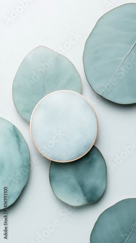 Elegant arrangement of soft green leaves and a circular stone decoration on a light surface
