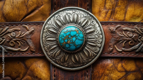 Closeup of Turquoise and Silver Concho on Brown Leather