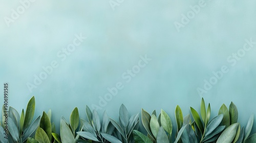 Lush green leaves against a soft blue backdrop creating a serene natural ambiance in a tranquil setting