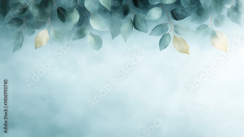 Fresh leaves gently swaying in a soft mist under bright, natural lighting create a tranquil atmosphere in a serene setting