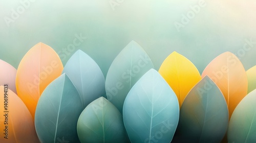Colorful leaves in a soft gradient with pastel shades create a serene and calming atmosphere in a natural setting