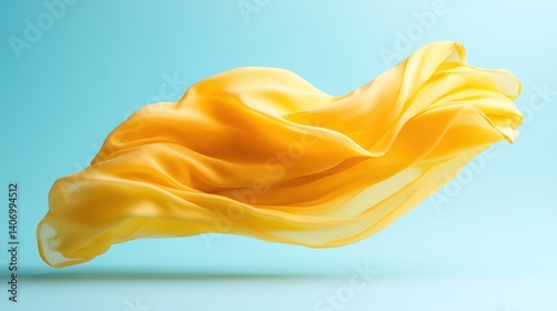 Soft yellow fabric flows gracefully against a light blue background, creating a feeling of elegance and tranquility in the moment