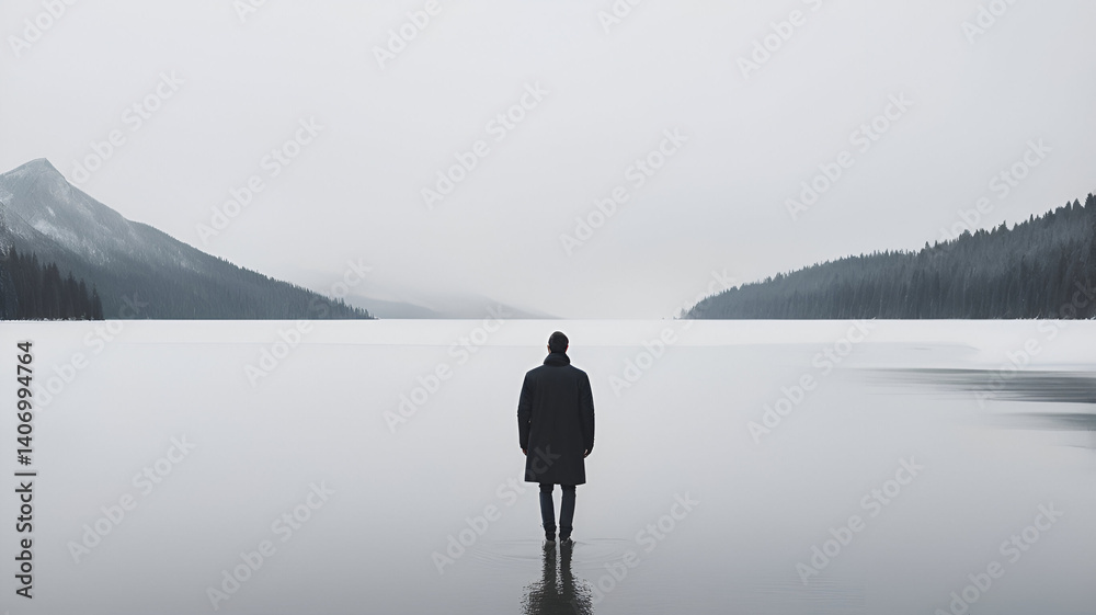 Obraz premium Solitary Reflection: Man Standing on Frozen Lake in a Misty, Snowy Landscape