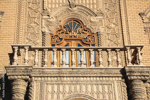 carved door, Historical balcony with carved wooden door, Old balcony and handmade door design, Classic balcony with antique wooden door, Ornament, balcony, heritage building, architecture detail