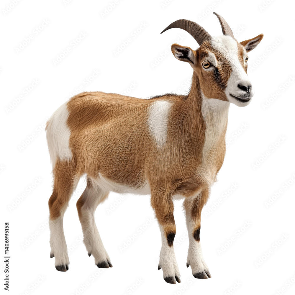 Side view of a brown and white goat with curved horns, standing isolated on transparent background, perfect for agricultural or farm design. Side view of a brown and white goat with curved horns, standing isolated on transparent background, perfect for agricultural or farm design.