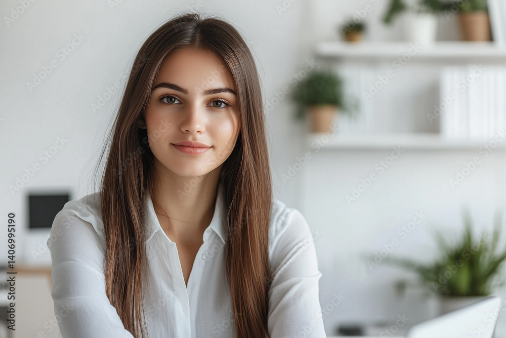 Professional portrait of a young woman in a bright office setting with a confident expression Professional portrait of a young woman in a bright office setting with a confident expression