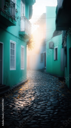 Quiet cobblestone alleyway illuminated by morning light in a charming coastal town