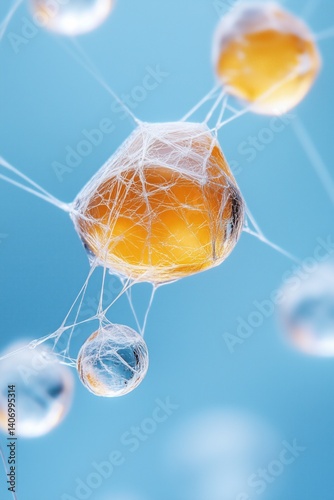 Droplets and strands create a mesmerizing abstract view of interconnected materials under bright lighting