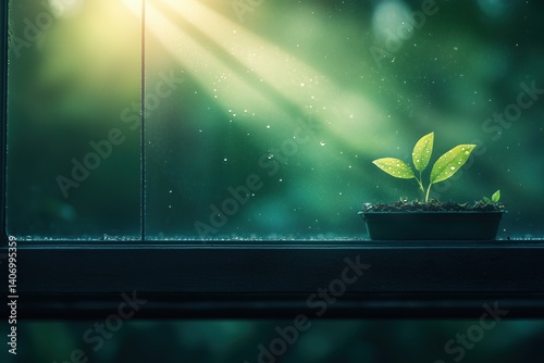 Sunlight illuminating small green plant growing in a pot by the window during morning hours