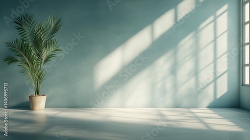 Bright sunlit room with a potted palm and soft shadows on the blue wall during the afternoon