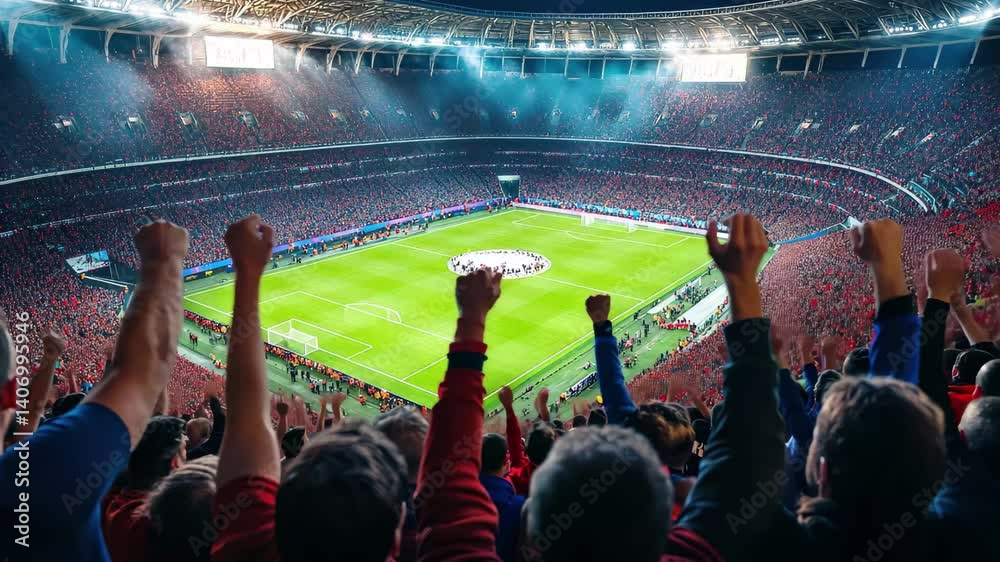 Passionate football supporters celebrate during an exciting match at a packed stadium, Football stadium with passionate supporters during major championships like Euro and World Cup
