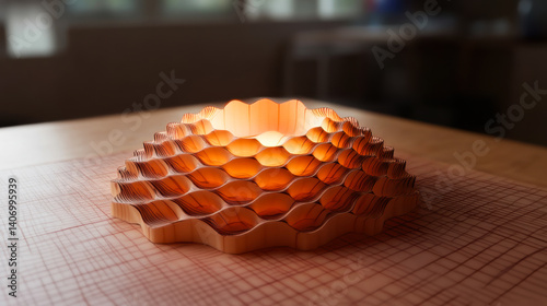 Unique handcrafted paper lamp designed in a cozy workspace with warm glow illuminating the intricate layers