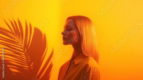 Profile of a woman against vibrant yellow background with palm shadows highlighting her features