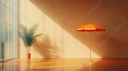 Bright indoor space with orange umbrella and potted plant creating a serene atmosphere in warm light
