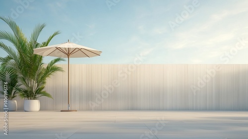 Sunny outdoor space featuring an umbrella and potted plants during midday with a clear blue sky