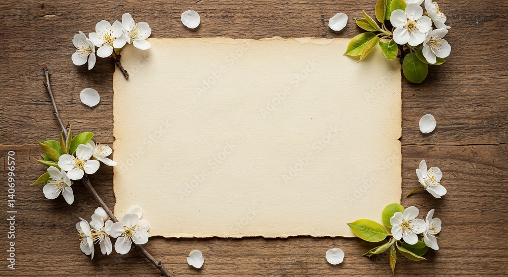 Blank Paper Sheet with Cherry Blossoms on Wood Background for Message Blank Paper Sheet with Cherry Blossoms on Wood Background for Message