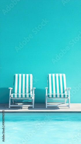 Colorful poolside loungers against a vibrant blue wall in a sunny outdoor setting