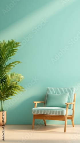 Cozy seating area with green plant and turquoise wall in a bright interior