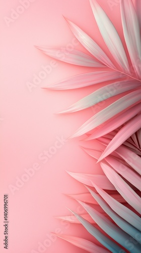 Colorful pink tropical leaves arranged artistically on a pastel background in a creative display