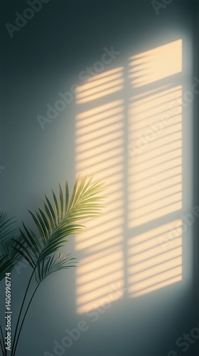 Soft sunlight filters through window blinds, casting shadows on a green plant against a calming wall
