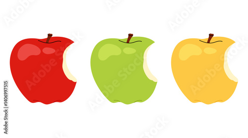 Ripe, crisp red apple. Bite red, green and yellow apple. Set apples isolated on white background.