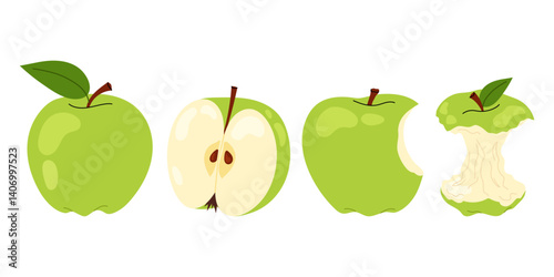 Set green apple. Ripe and bitten apple, an apple stump isolated on white background. For food, healthy lifestyle themes or school.